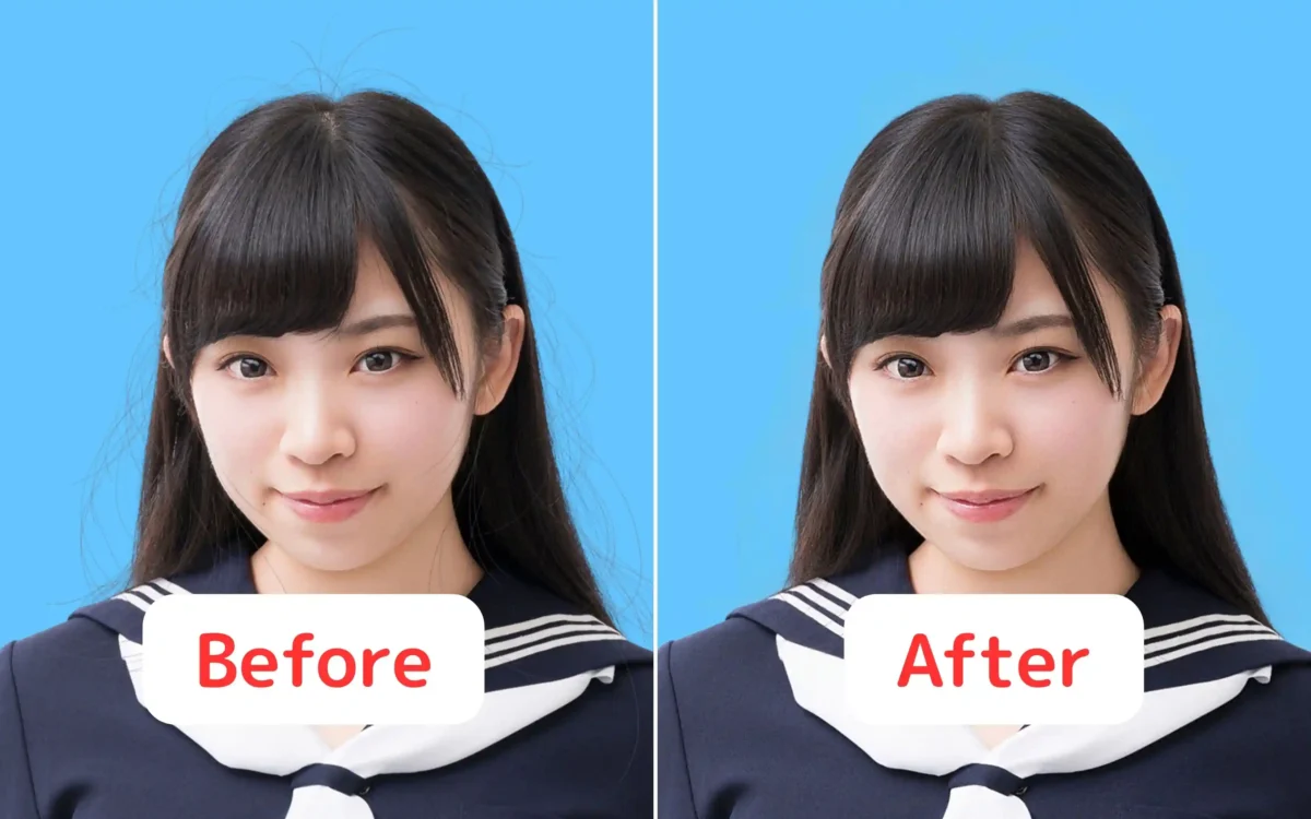 Evoto AIで顔にかかった髪を補正前後の比較画像