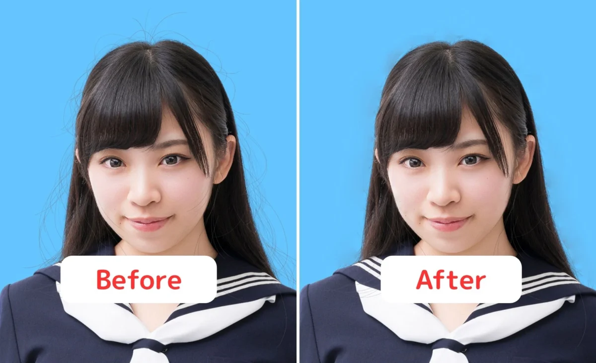 Photoshopで顔にかかった髪を消した前後の比較画像