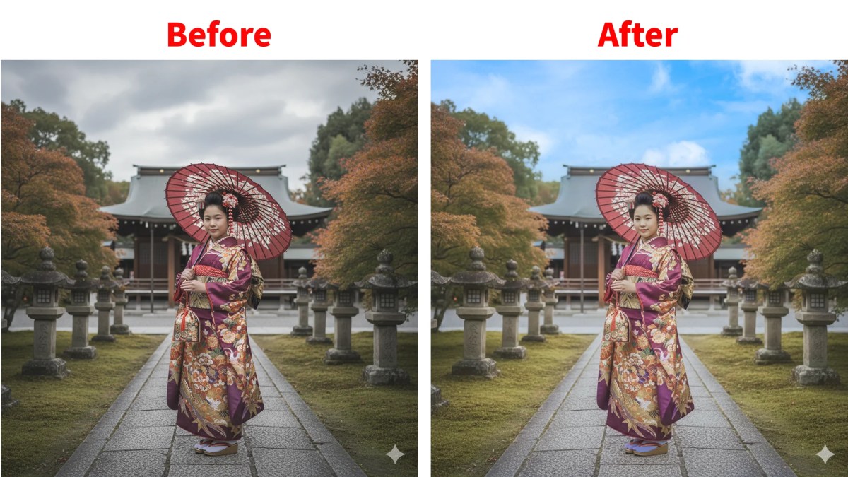 七五三写真で空の入れ替え補正前後の比較画像