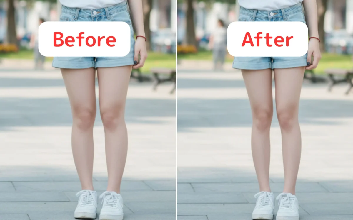 足を細くする補正のBeforeとAfterの比較写真