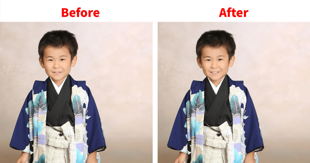 七五三写真で子供の微笑みや表情補正前後の比較画像