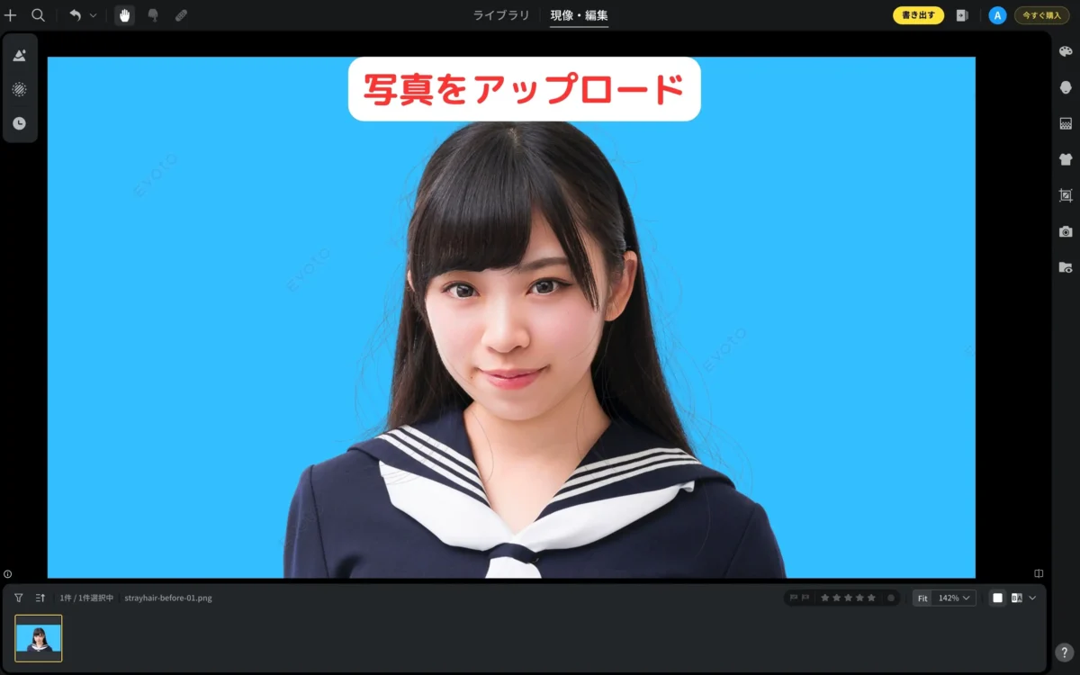 Evotoに顔に髪がかかったポートレート写真をアップロード