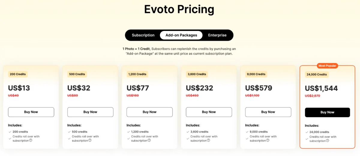 Evoto Add-On Pack Pricing Page