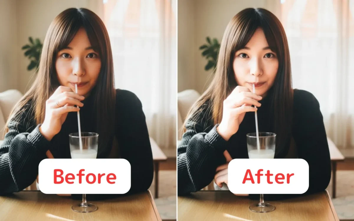 室内で暗く見えている肌を美白加工したビフォーアフター