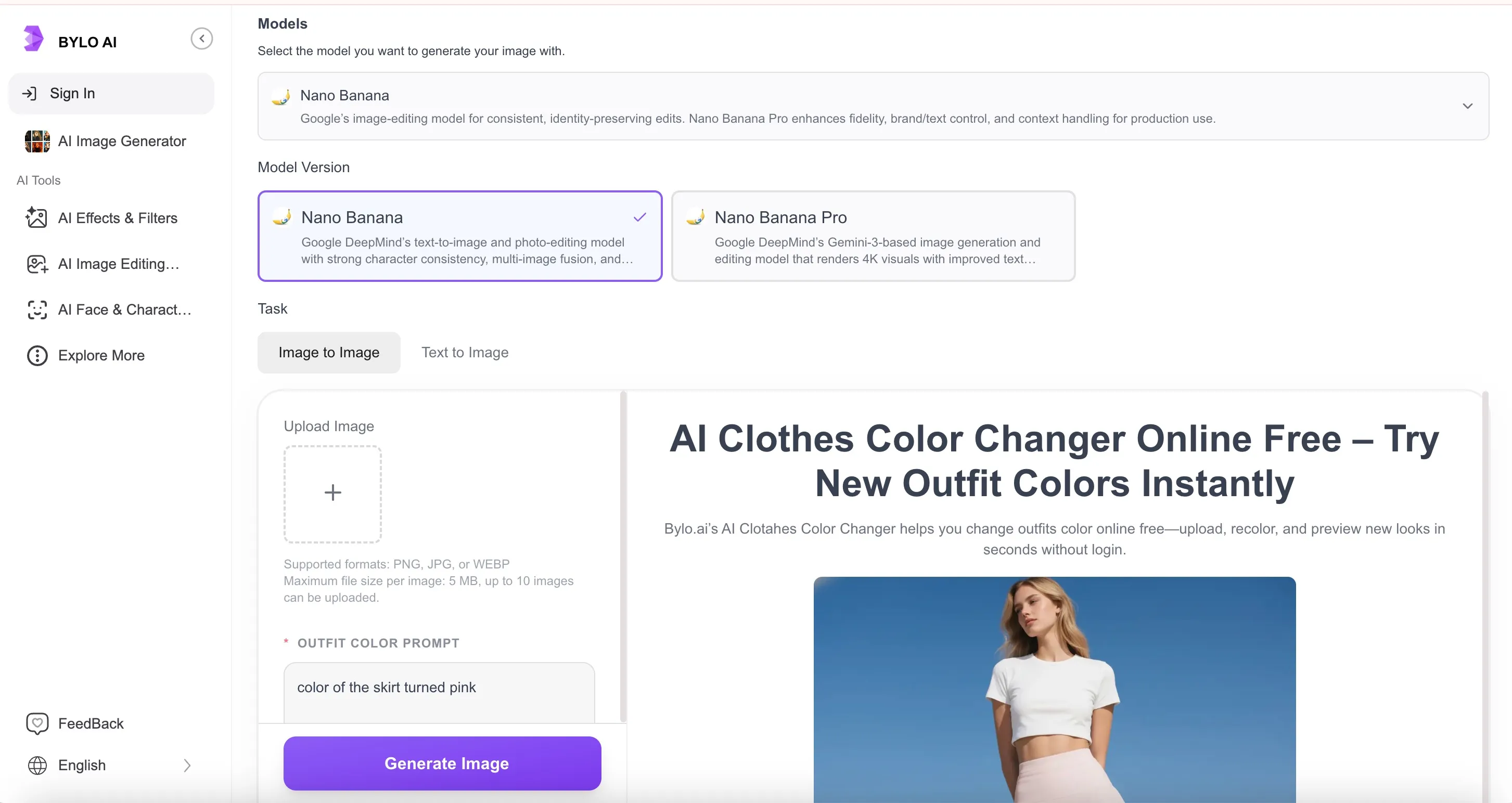 Interface Bylo - changeur de couleur de vêtements