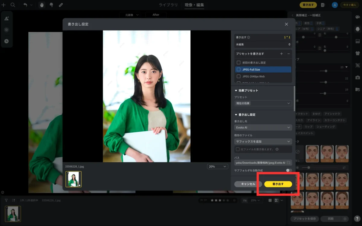 evoto-image-output-options-panel evotoから肌を白く補正した画像を書き出す