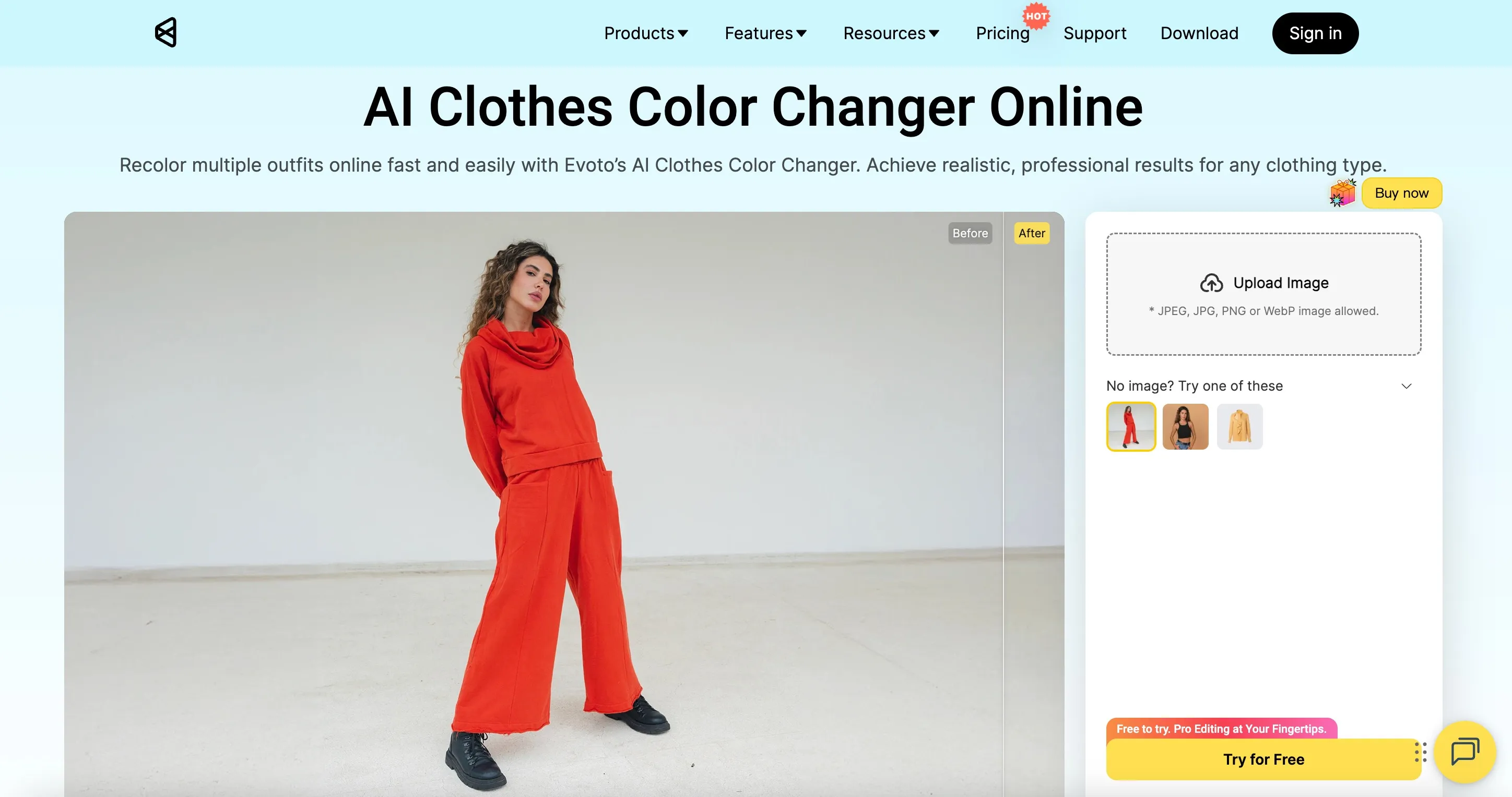 Interface Evoto - changeur de couleur de vêtements
