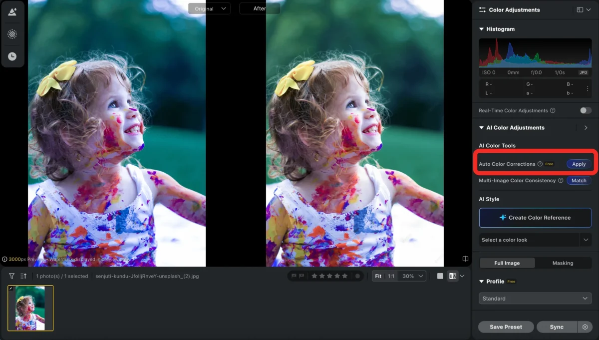 use the ai color correction tool
