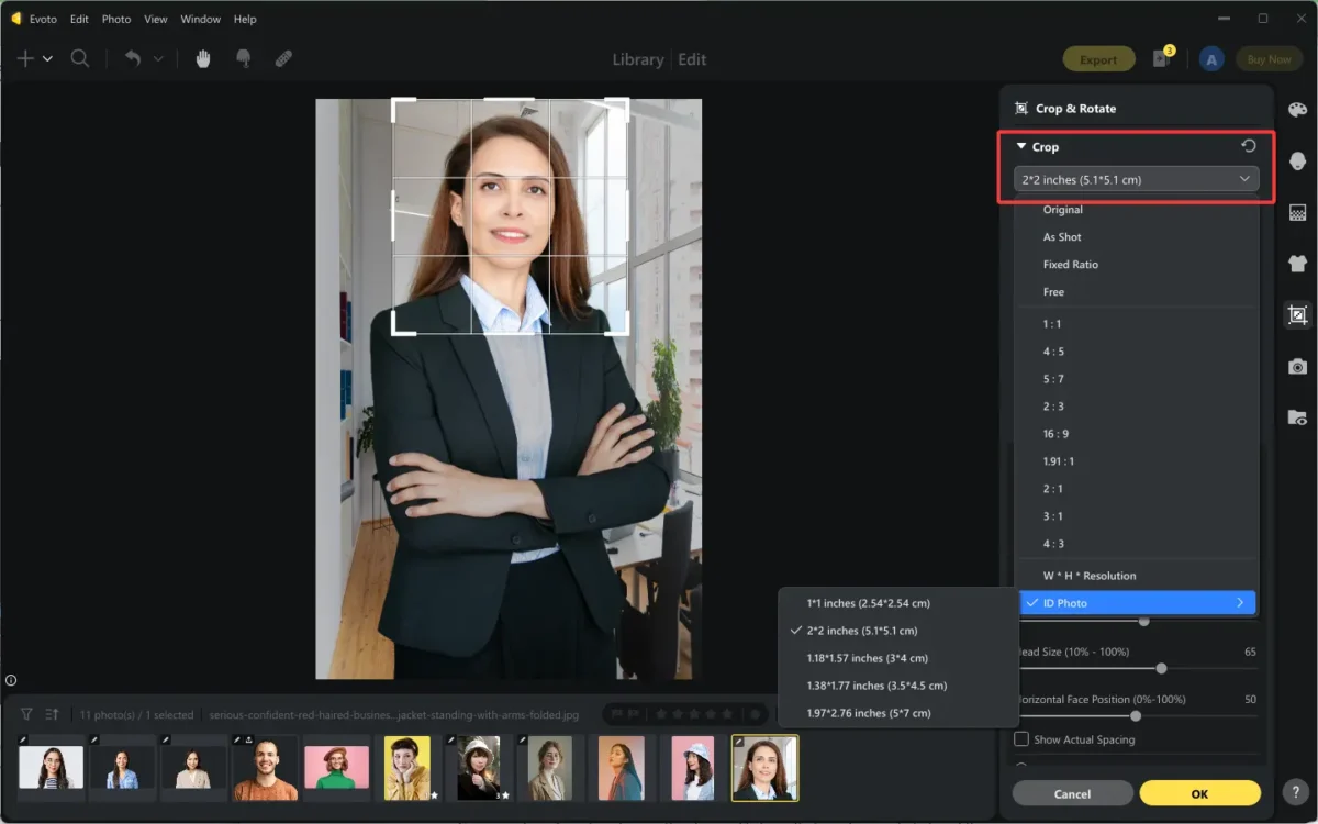 AI Crop Images to Standard ID Photos on Evoto