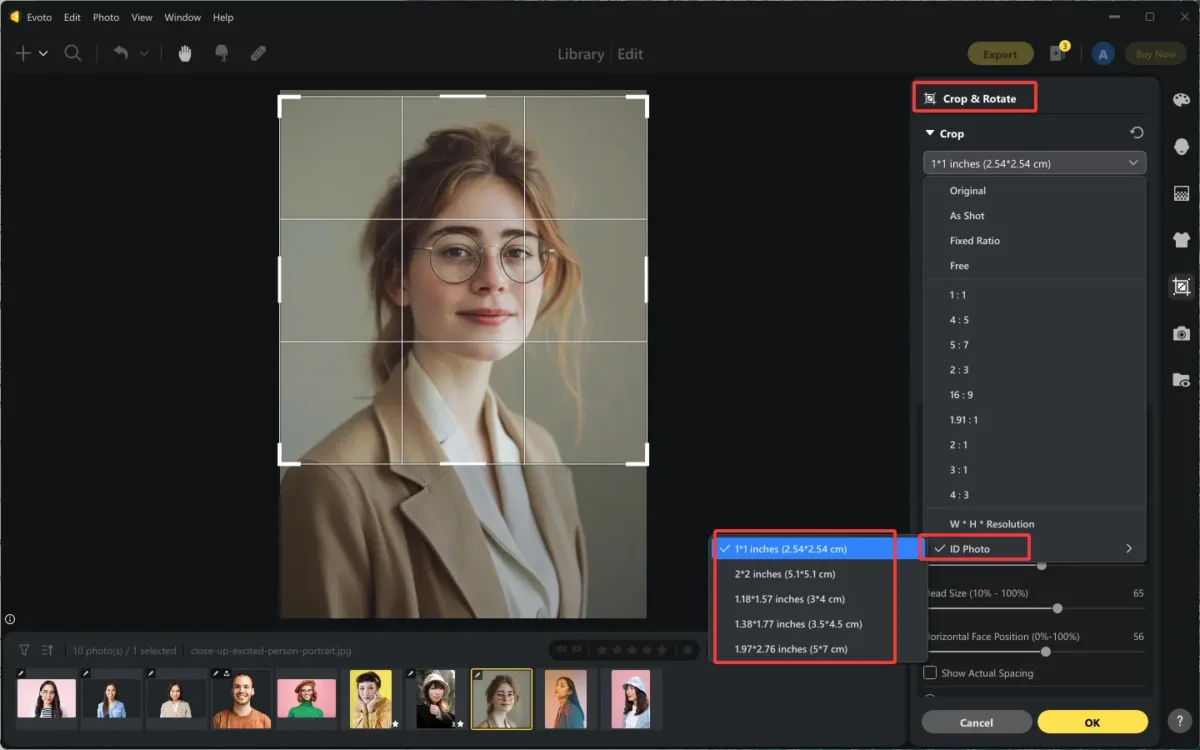 AI Crop Images to Standard ID Photos with Evoto