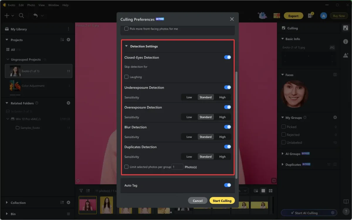 AI Culling Photos with Evoto