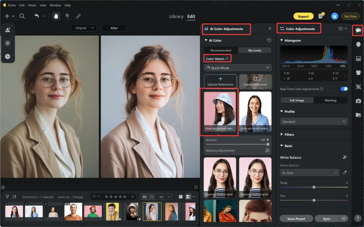 AI Match Color for Photos with Evoto