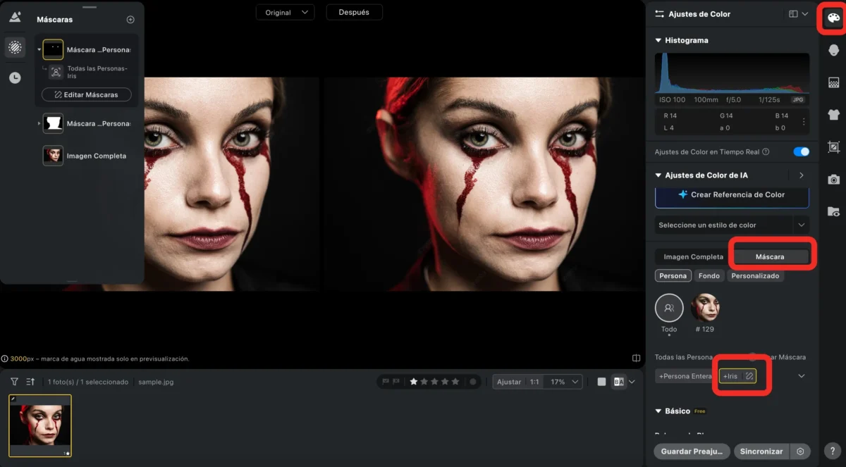 Editar el color de ojos con enmascaramiento del iris 1