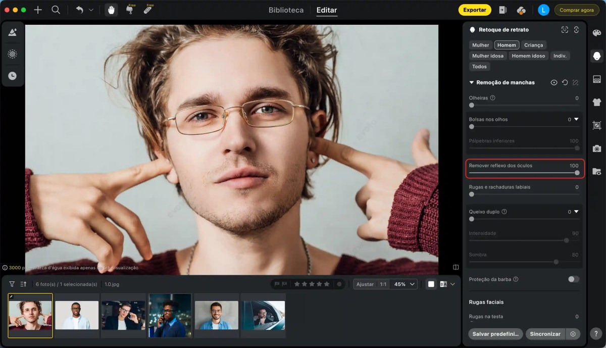 Etapa 4- Nas opções de imperfeições, ative o Remover reflexo dos óculos_optimized Remover reflexo dos óculos