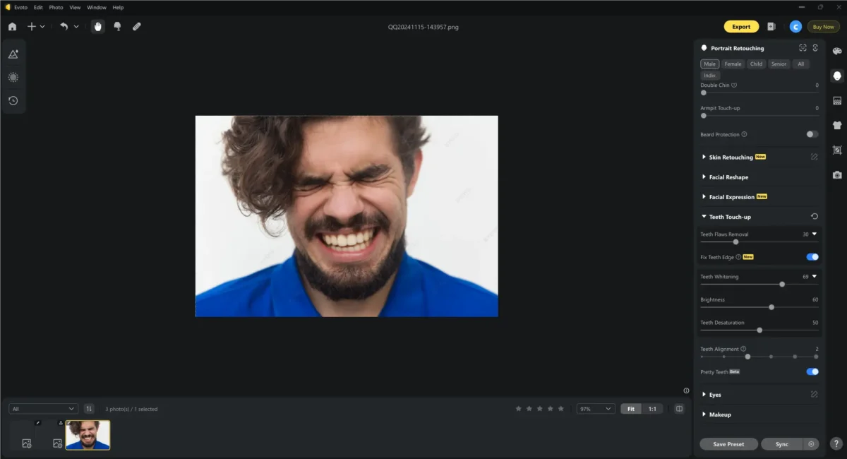 Zahnkorrektur auf Fotos mit Evoto AI