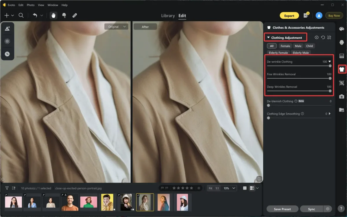 Remove Clothing Wrinkle from Photos with Evoto
