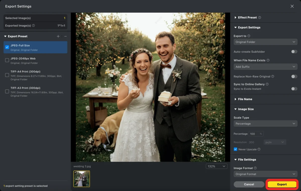 export the photo evoto