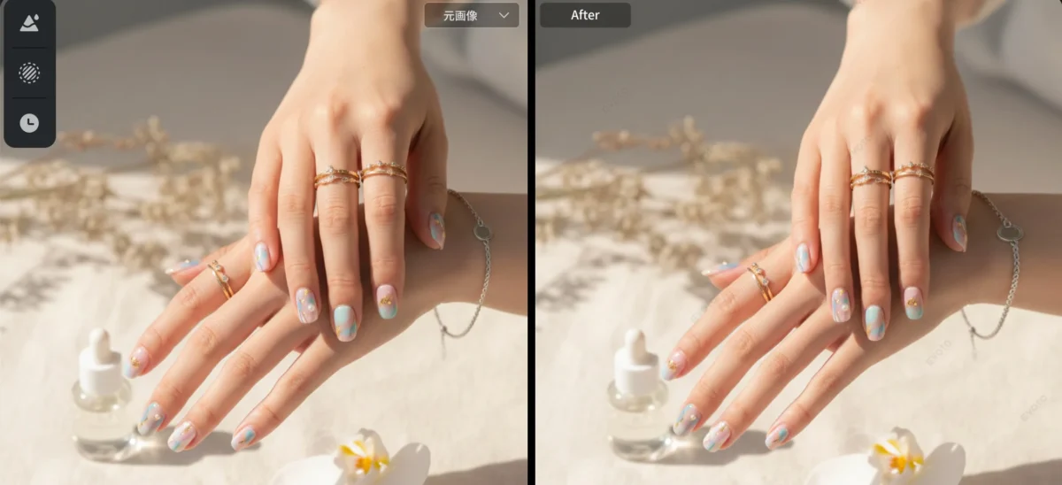 before-and-after-make-fingers-look-thinner-in-e-commerce-product-photos ネイル・アクセサリーのEC商品画像で手の指を細く見せる加工前後の比較画像