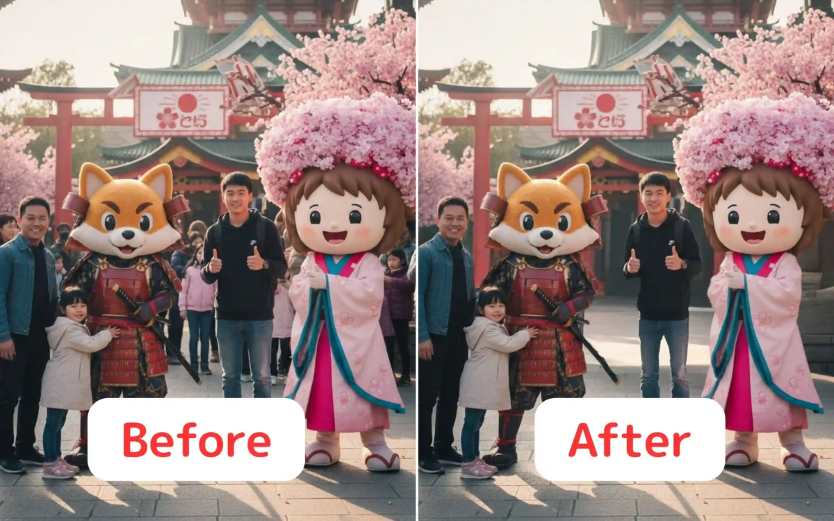 キャラクターグリーティング写真の人物を削除する前後の比較画像