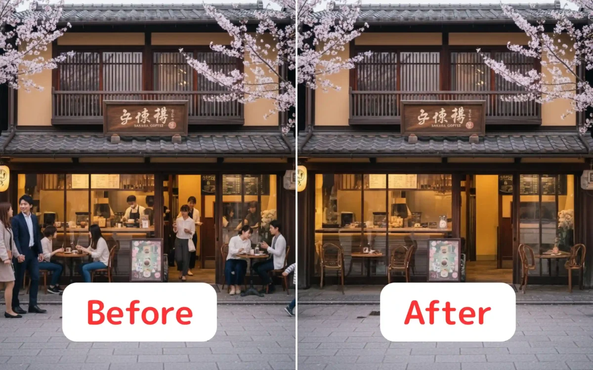 商業写真から不要な人物を消す前後の比較画像