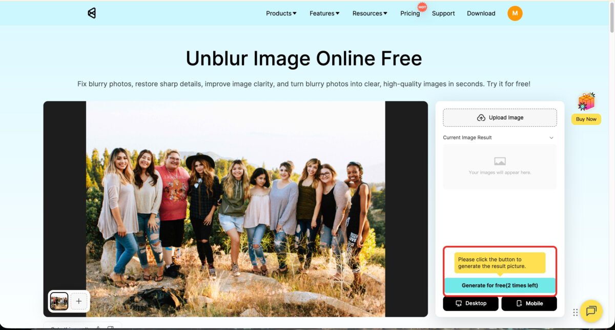 click generate to fix blurry pictures