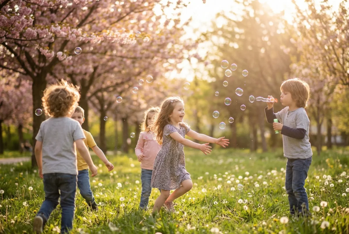 Kids playing with bubbles in a sunny garden, capturing playful spring motion and joyful expressions