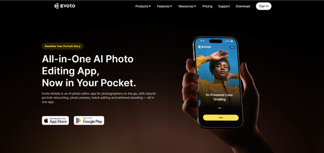 Evoto the best AI photo editing app for iPhone showing AI-powered color grading and portrait editing features on the mobile interface