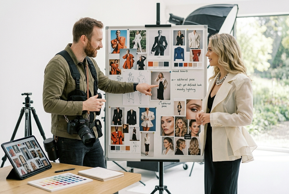 Fashion photographer reviewing a mood board with model before a themed photoshoot aligning styling lighting and creative direction