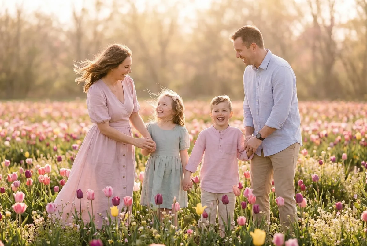Family enjoying a spring portrait session in a vibrant tulip field, soft golden hour light and natural poses