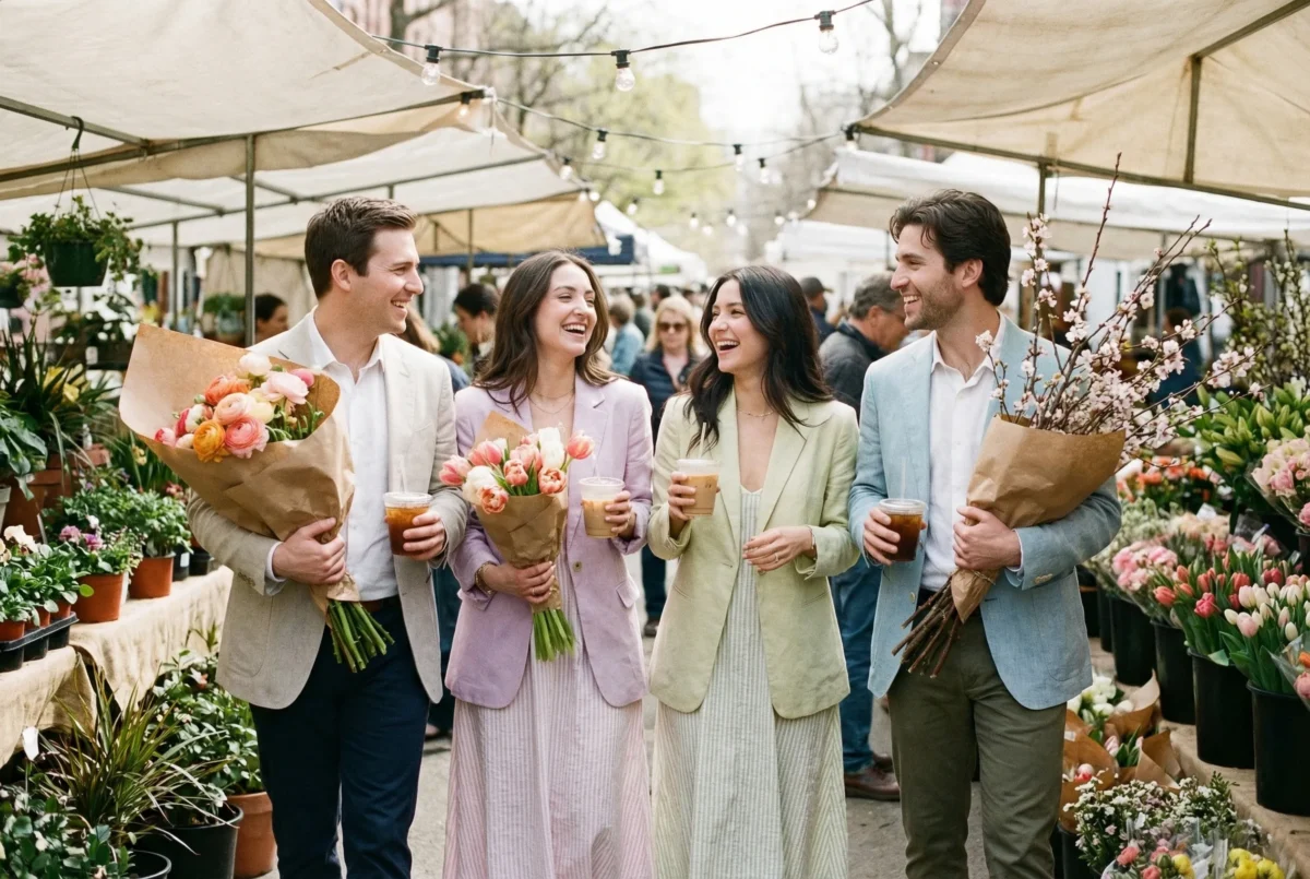 Group of friends walking through a spring flower market, casual interaction with vibrant florals and pastel backgrounds