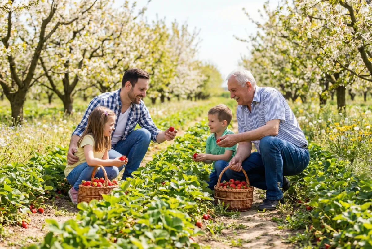 Children and father picking ripe strawberries in a spring orchard, smiling and interacting naturally with baskets
