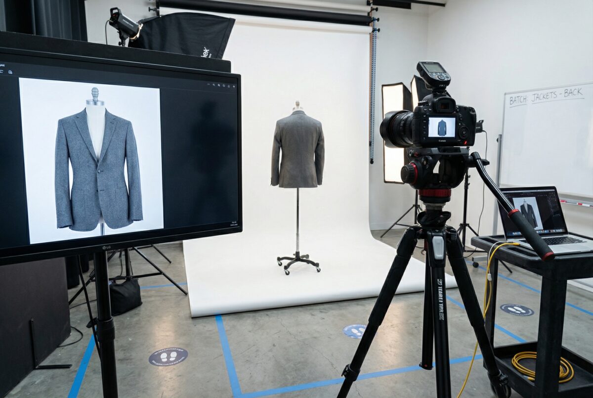 Ghost mannequin studio showing the back view of a neatly shaped jacket on a mannequin, captured with a fixed DSLR on tripod, white seamless background, consistent framing for batch apparel photography