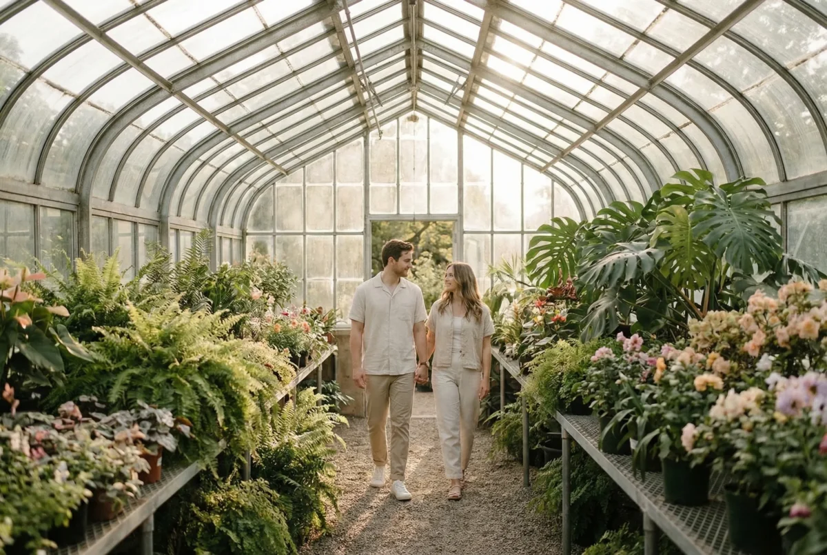 Couple walking along a sunlit greenhouse path surrounded by lush spring greenery and flowers