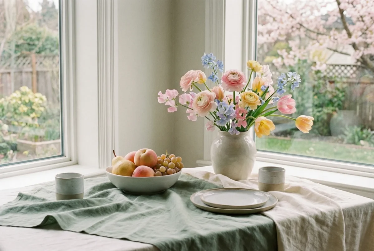 Bright indoor spring still life with flowers, fruit, and soft fabrics lit by natural window light