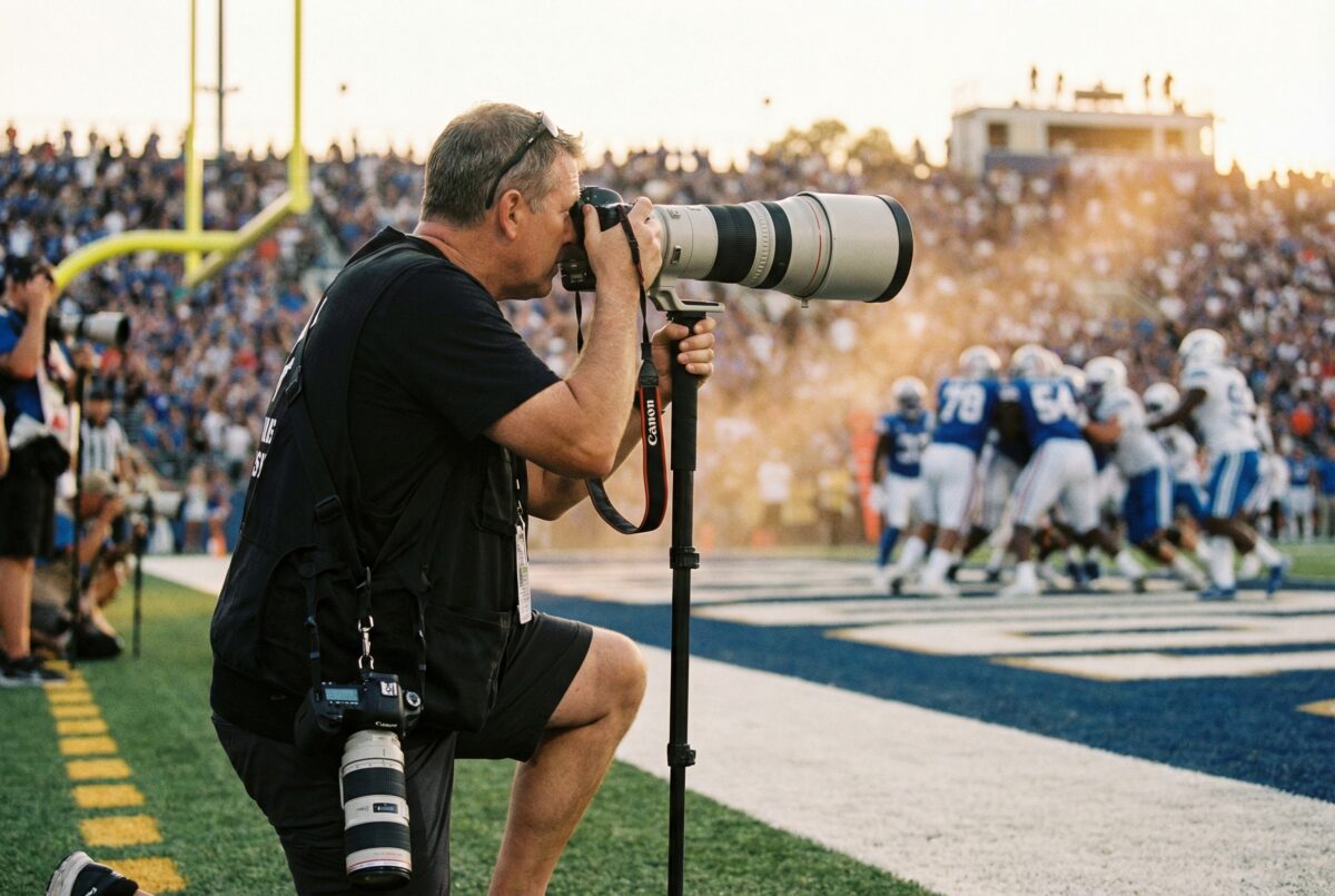 Fotógrafo con teleobjetivo siguiendo la jugada desde la banda