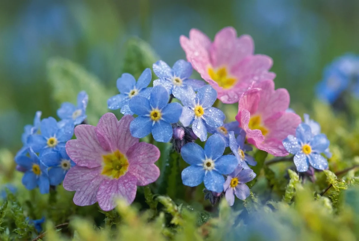 Close-up of spring flowers with morning dew and raindrops, showcasing texture, color, and seasonal details