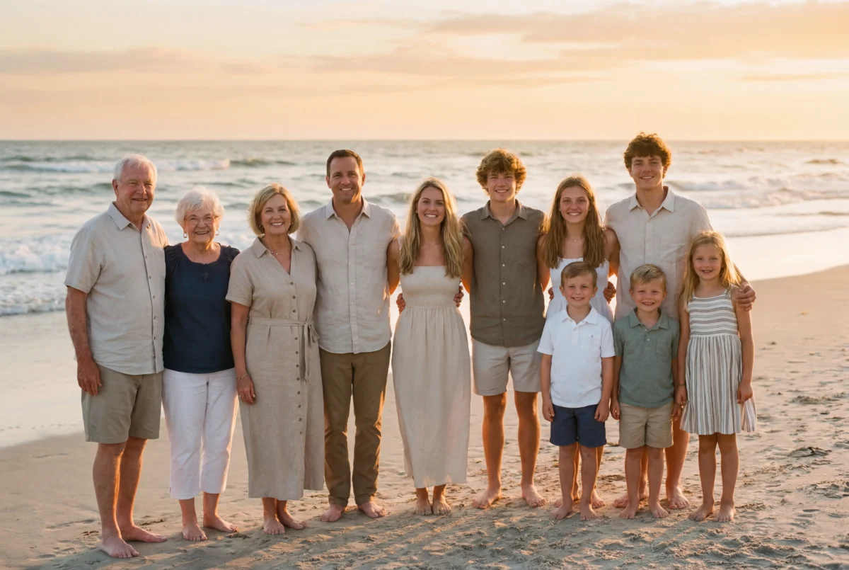 Multigenerational Lineups 1 Retrato familiar multigeneracional en la playa con abuelos, padres y niños