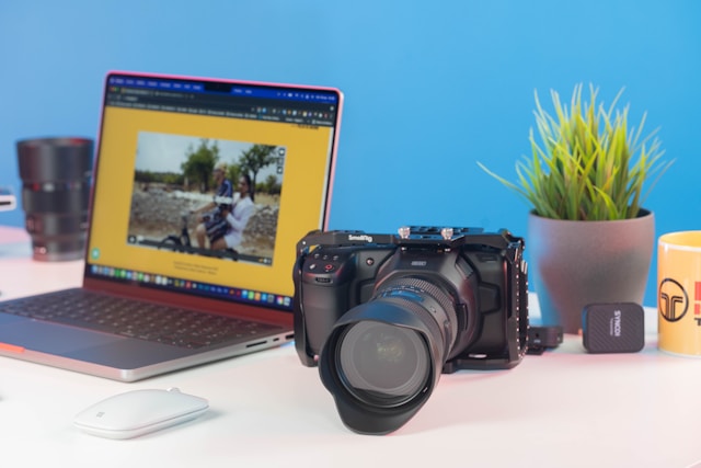 Photographer transferring images to computer and reviewing photos using professional photo editing software