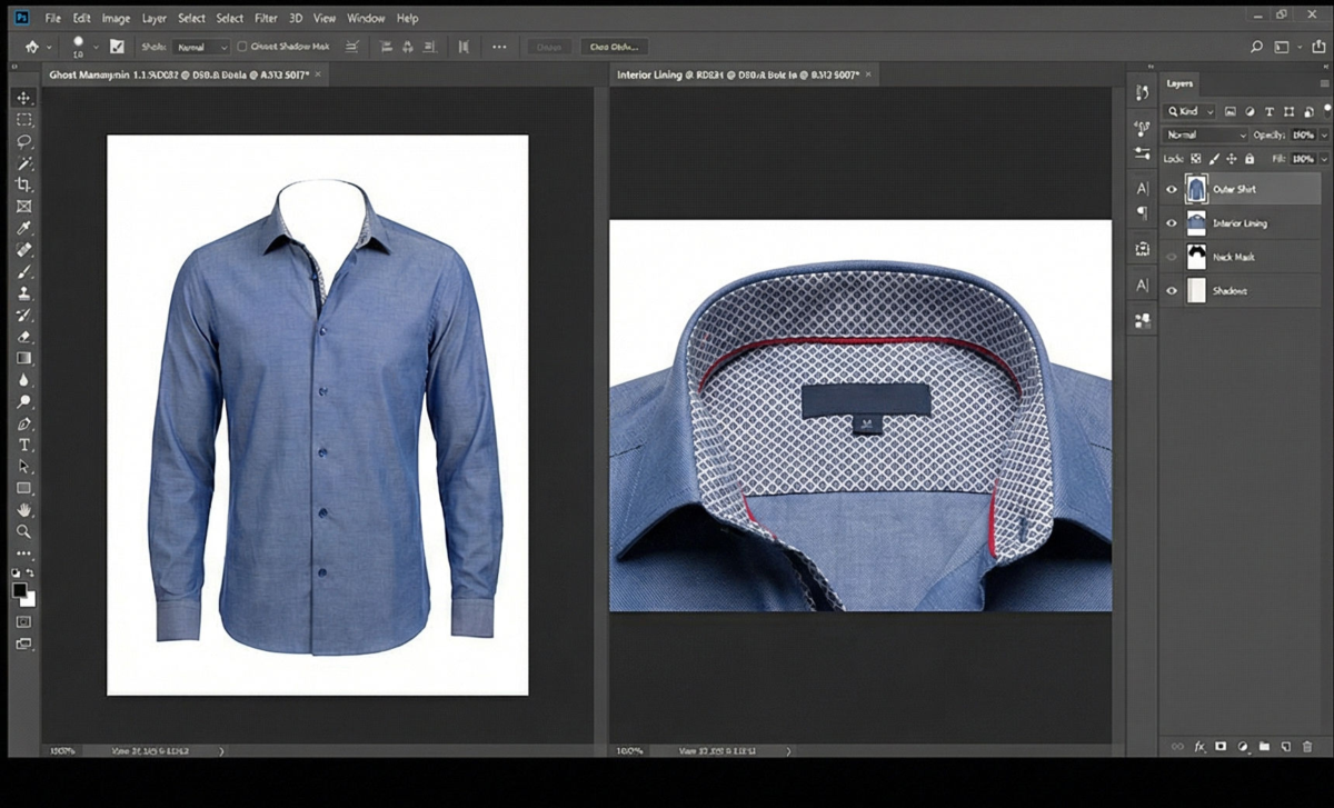 Photoshop workspace showing outer garment and interior fabric images aligned in the same document for ghost mannequin editing, visible layers panel and toolbar, clean software screenshot style