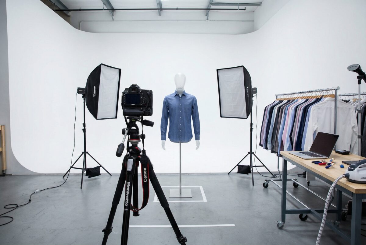 Professional ecommerce photography setup showing a mannequin wearing a shirt on a tripod in a white seamless studio