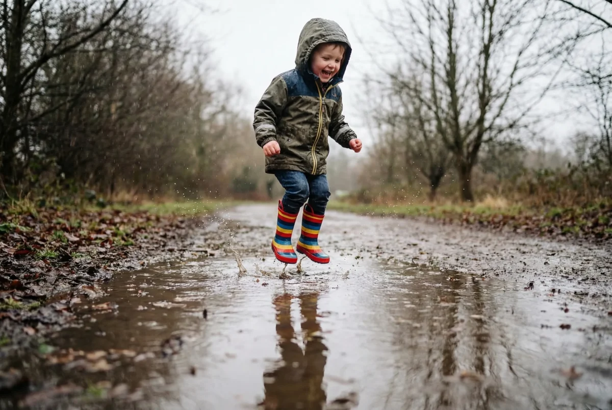 Children wearing colorful rain boots jumping in puddles on a cloudy spring day, playful reflections in water
