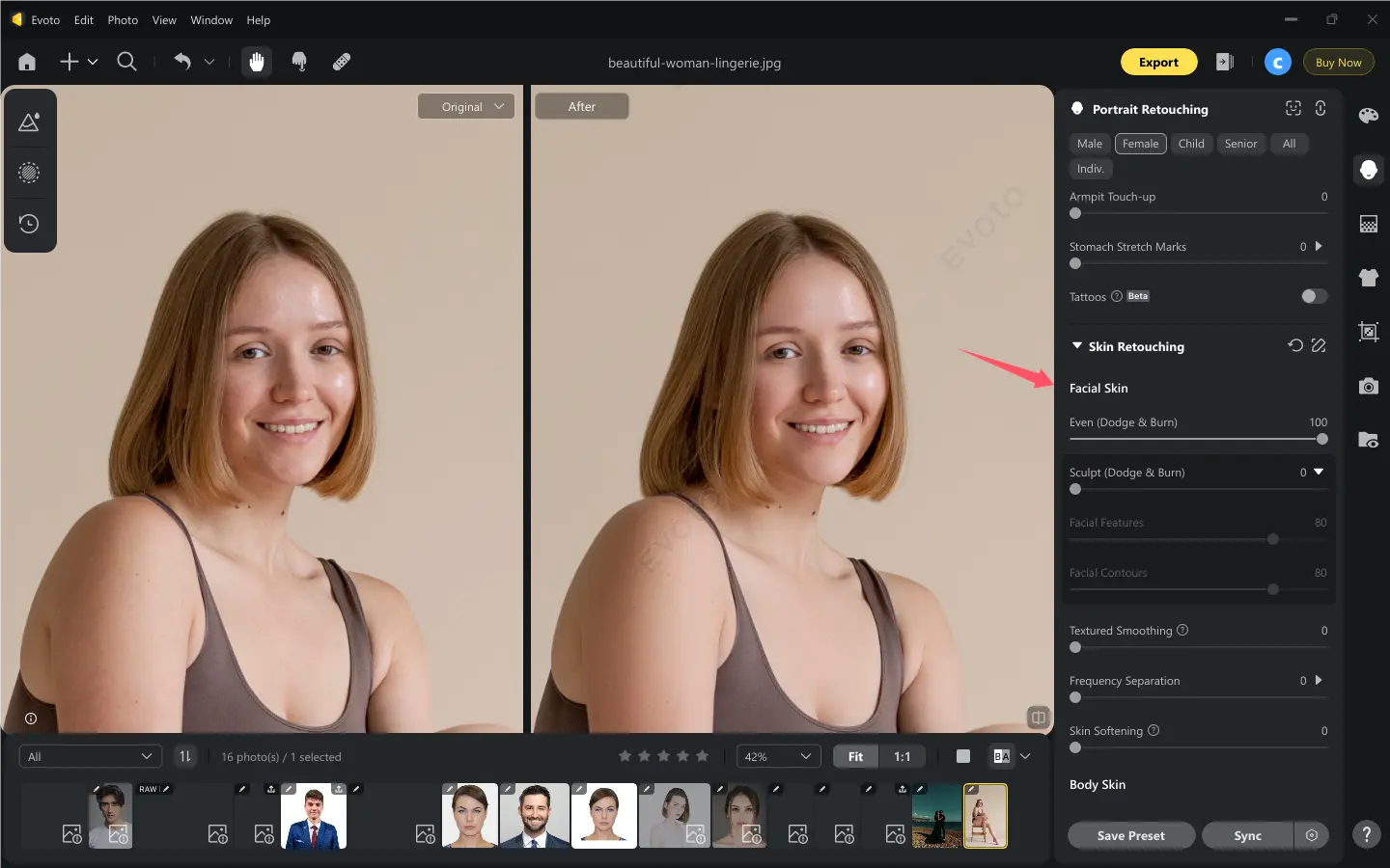 Retoque de pele facial em fotografia boudoir com dodge and burn
