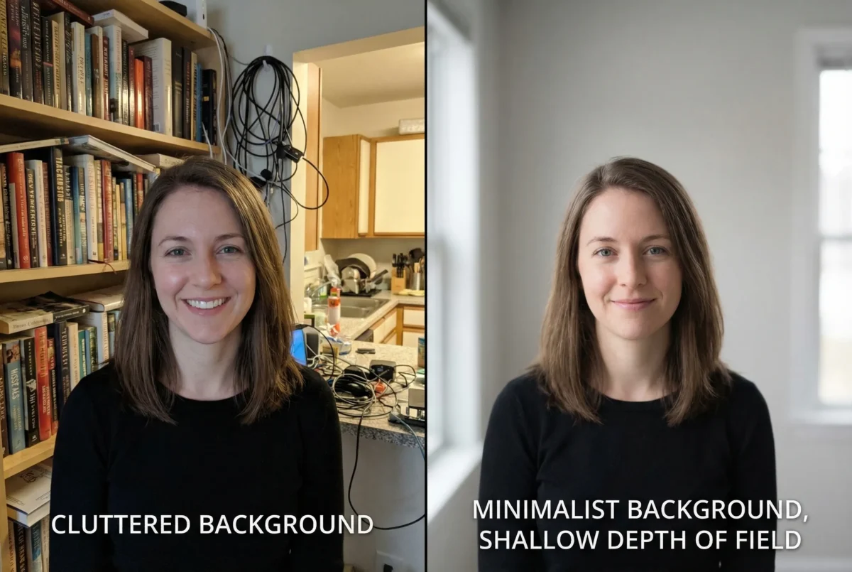 Split-screen showing cluttered vs clean background in photography composition.