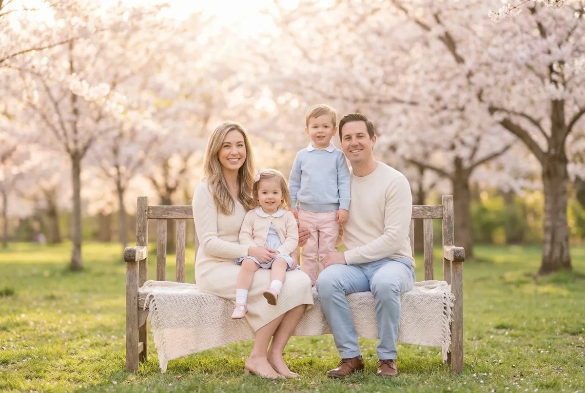 Family posing under blossom trees with a pastel blanket setup, creating warm and natural spring mini-session portraits