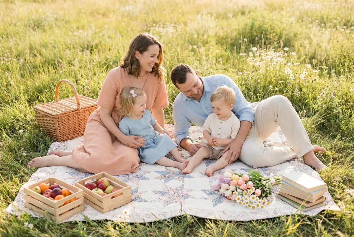 Couple and children having a cozy spring picnic on a blanket with fruit, flowers, and books in a sunlit park