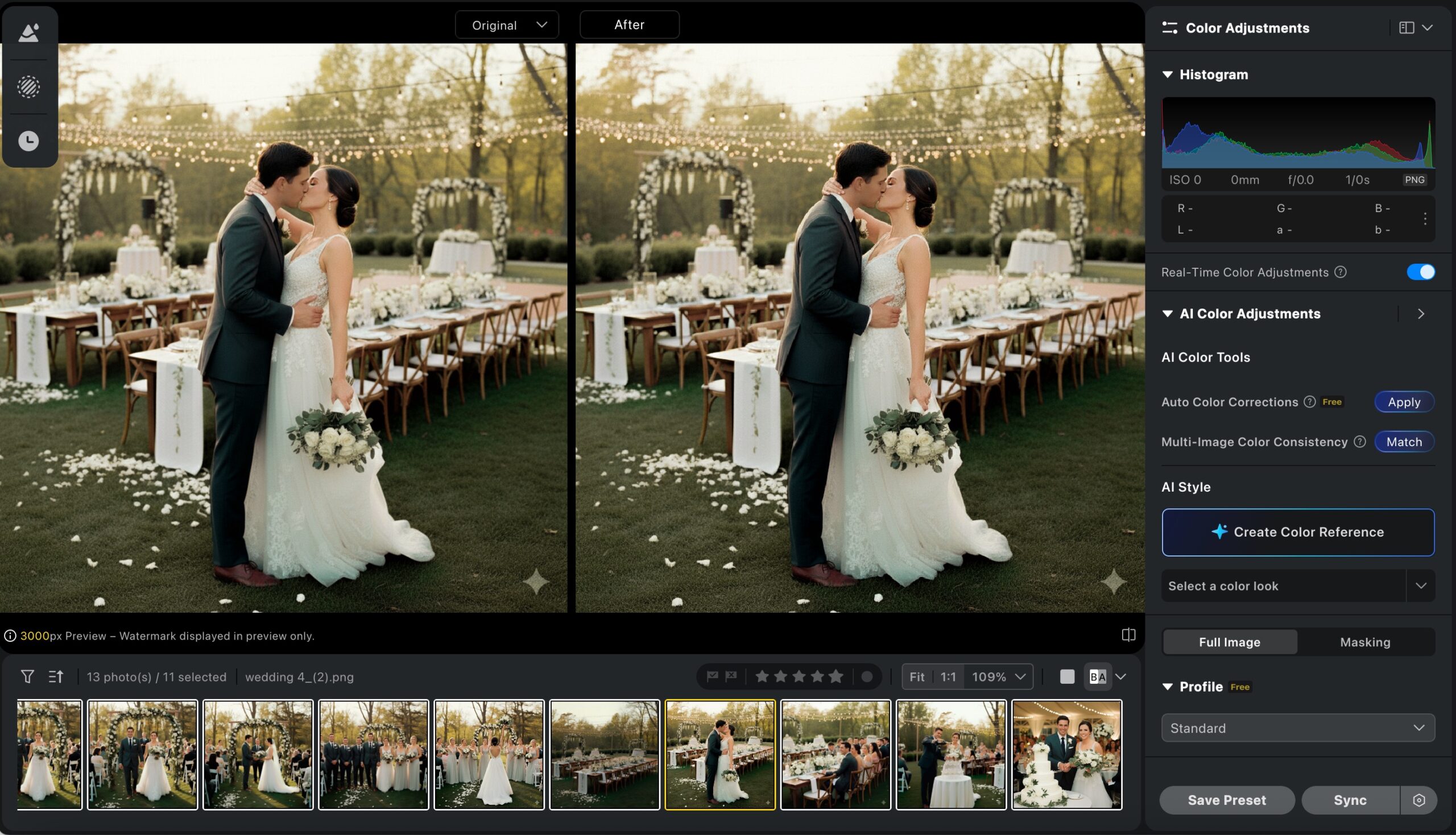 Exemplo de edição em lote no fluxo de fotos para Mac