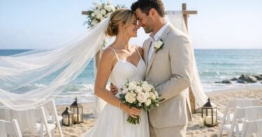 Beach wedding ceremony in full sun on a public shoreline with wind and bright sand