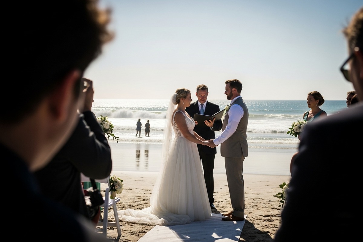 Ceremonia de boda en la playa con sol duro y vestido bien controlado