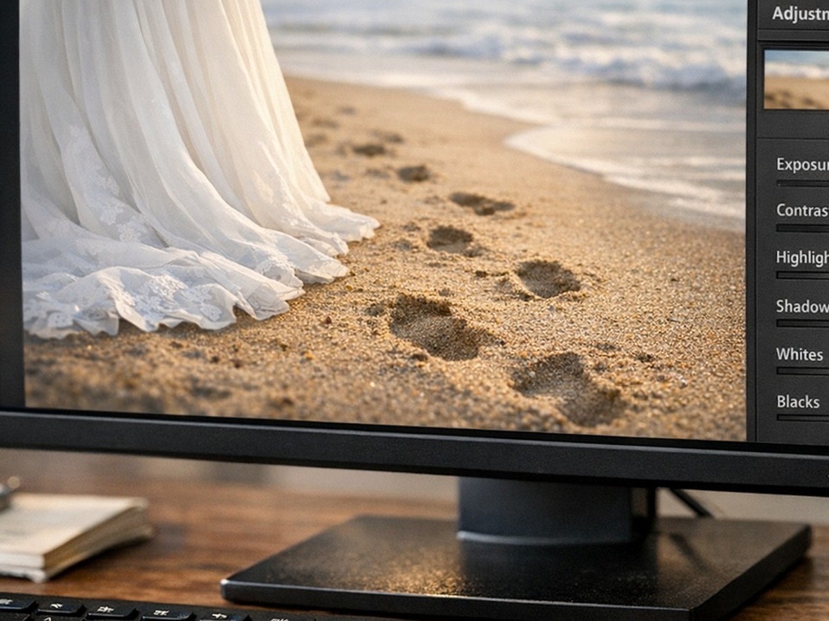 beach wedding photography post workflow Wedding photographer reviewing a consistent beach wedding gallery on a monitor during post-production cleanup