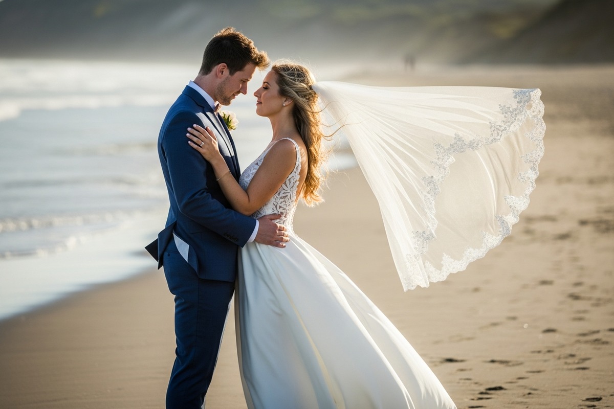 Retrato de boda en la playa con viento moviendo velo y cabello